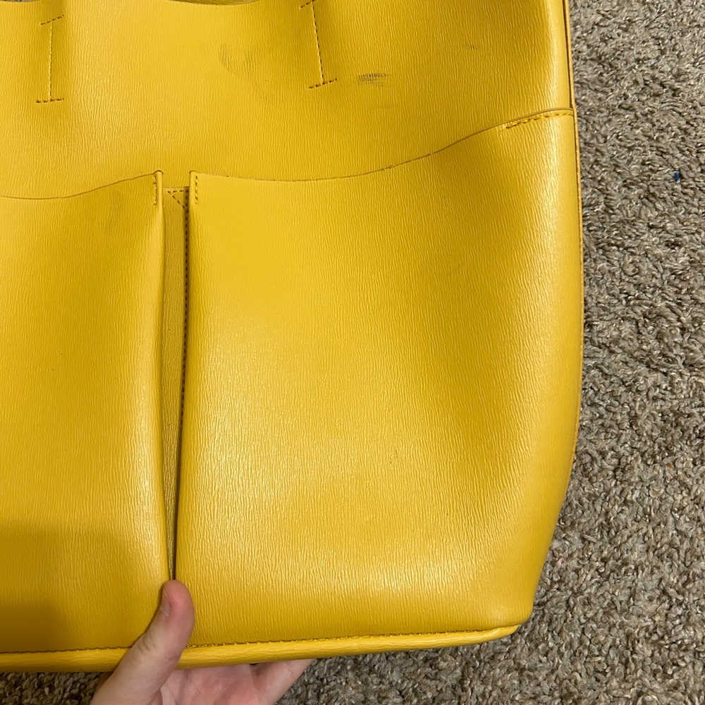 Neiman Marcus Mustard Yellow VEGAN Faux Leather Shopper Tote Bag Shoulder Pocket - Picture 2 of 13